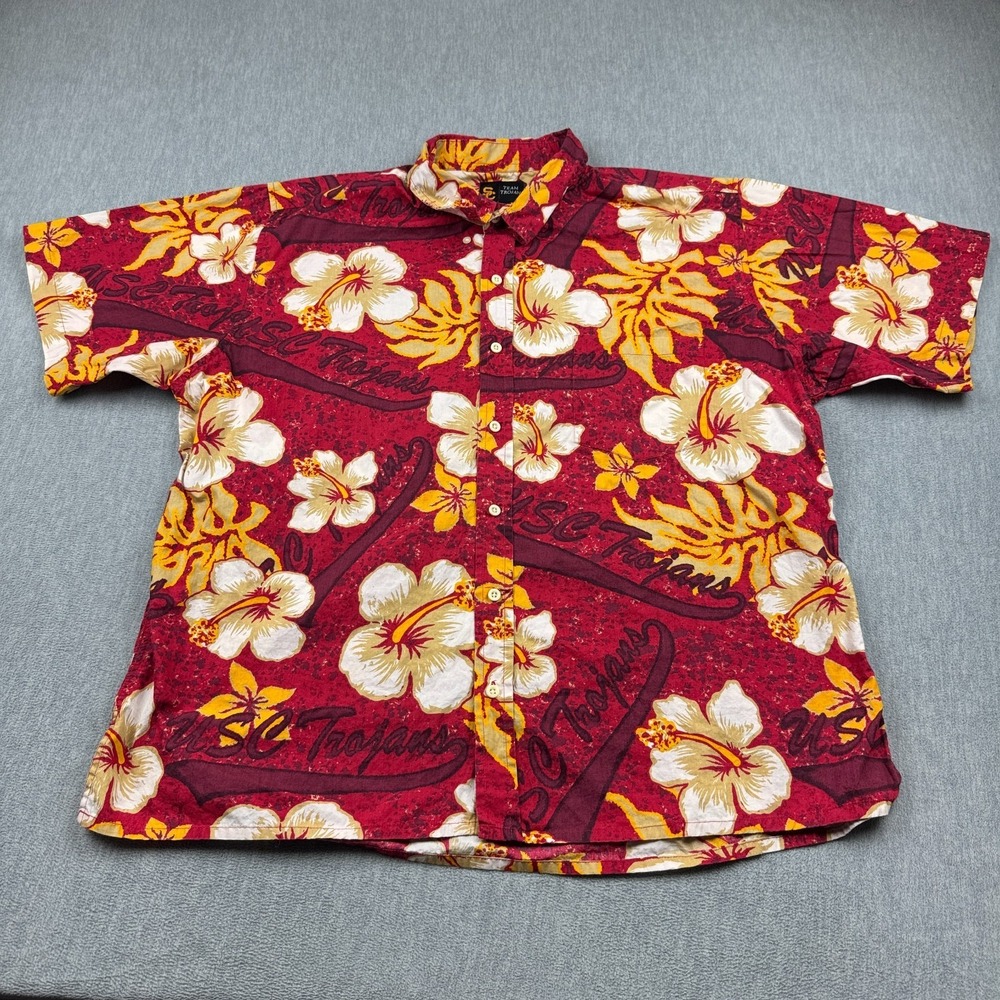Vintage USC Trojans Mens Shirt 2XL Red Yellow Floral‎ Hawaiian Camp Aloha